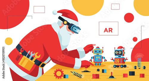 Modern santa tinkering with virtual reality crafting robotic toys in innovative workshop