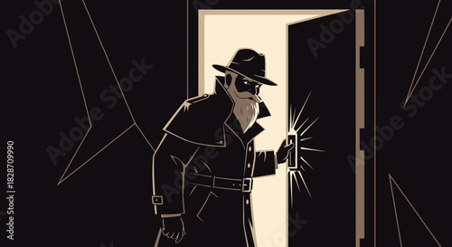 Mysterious intruder peeking through doorway with glowing smartphone in the darkness of night