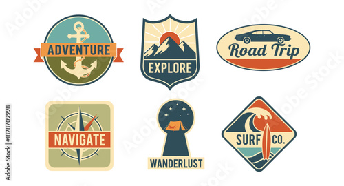Vintage travel badge collection featuring adventure, exploration, and road trip designs