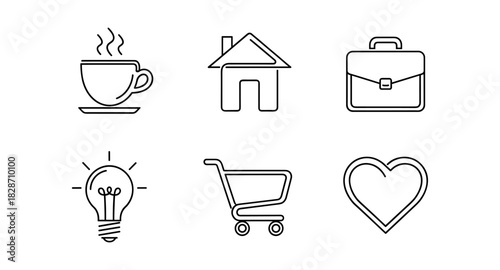Set of minimal line art icons featuring everyday objects in monochrome