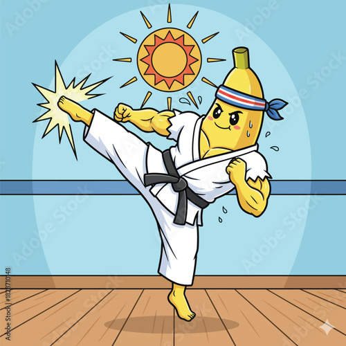 Adorable muscular banana character performing a high karate kick, action lines, confident smile, kawaii cartoon style, bold outlines and vibrant colors