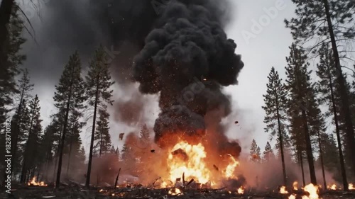 A dramatic and intense scene unfolds as the mangled fuselage of a large aircraft is engulfed in furious flames and dense, dark smoke. The wreckage, partially surrounded by what appears to be a wintry 