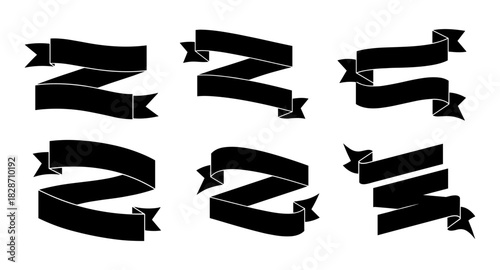 Set of decorative curved ribbons in black silhouette style