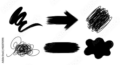 Abstract ink brush stroke elements set highlighting movement and texture