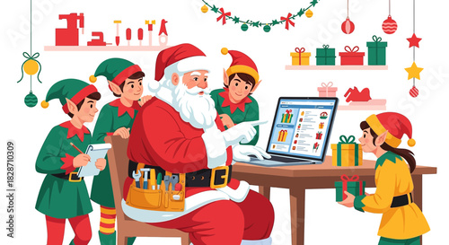 Santa Claus and Elves Checking Gift List on Laptop in Workshop, a Modern Christmas Celebration