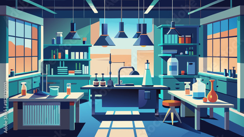 Modern lab interior filled with scientific instruments and warm lighting, perfect for research, experiments, and innovation concepts in a clean environment