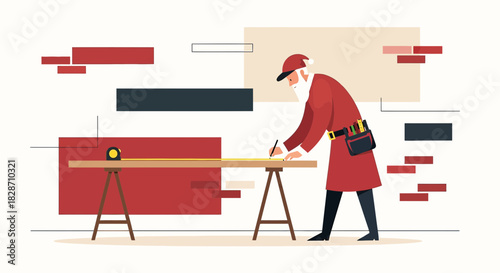 Santa Claus as a diligent carpenter constructing and planning something for Christmas season