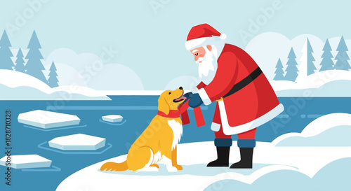 Santa Claus and his loyal golden retriever share a joyful moment on a snowy winter day