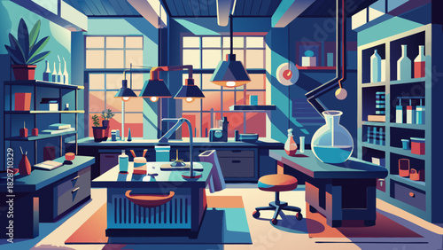 Stylish scientific lab with glass beakers and flasks, perfect for research and development concepts, vibrant colors and a modern style, originally vector