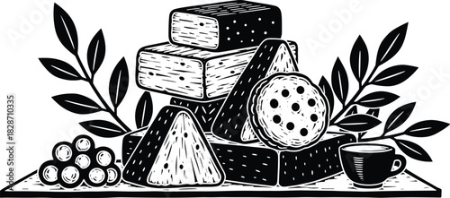 Black and white illustration of cheese and grapes with a cup food