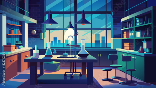Modern science lab, futuristic research facility with glassware, test tubes, and skyline creating a vibrant, innovative atmosphere for your projects