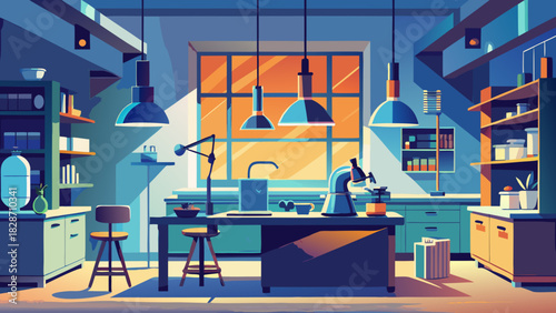 Captivating laboratory scene with a modern, clean aesthetic ideal for illustrating scientific research and medical breakthroughs, originally a scalable graphic