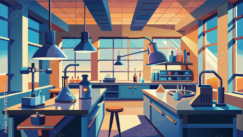 Step into a bright laboratory filled with tools and equipment, perfect for science, research, and education concepts, originally designed as scalable vector art