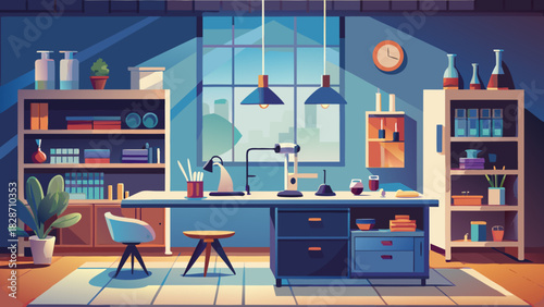 Modern science lab setup with microscope and equipment showcasing a vibrant workspace for research and development, originally a vector graphic.