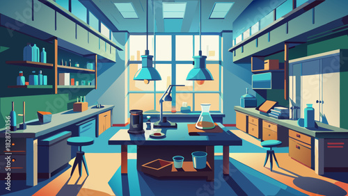 Modern laboratory interior with bright lighting and scientific equipment, perfect for research, education, healthcare, and pharmaceutical visuals