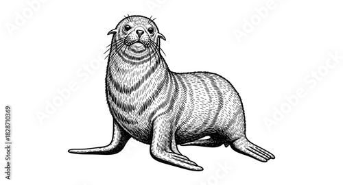 Detailed engraving of a seated seal with classic monochrome style