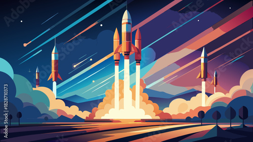 Inspiring rocket launch illustration symbolizing innovation, ambition, and future technology with vibrant colors and dynamic energy for space exploration themes