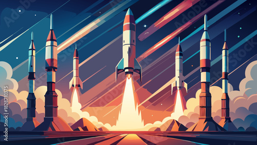 Bold space exploration with multiple rockets launching into the cosmos, ideal for science, technology, and futuristic themes, originally vector graphics