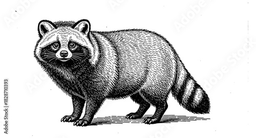 Detailed engraved raccoon art in vintage black and white style