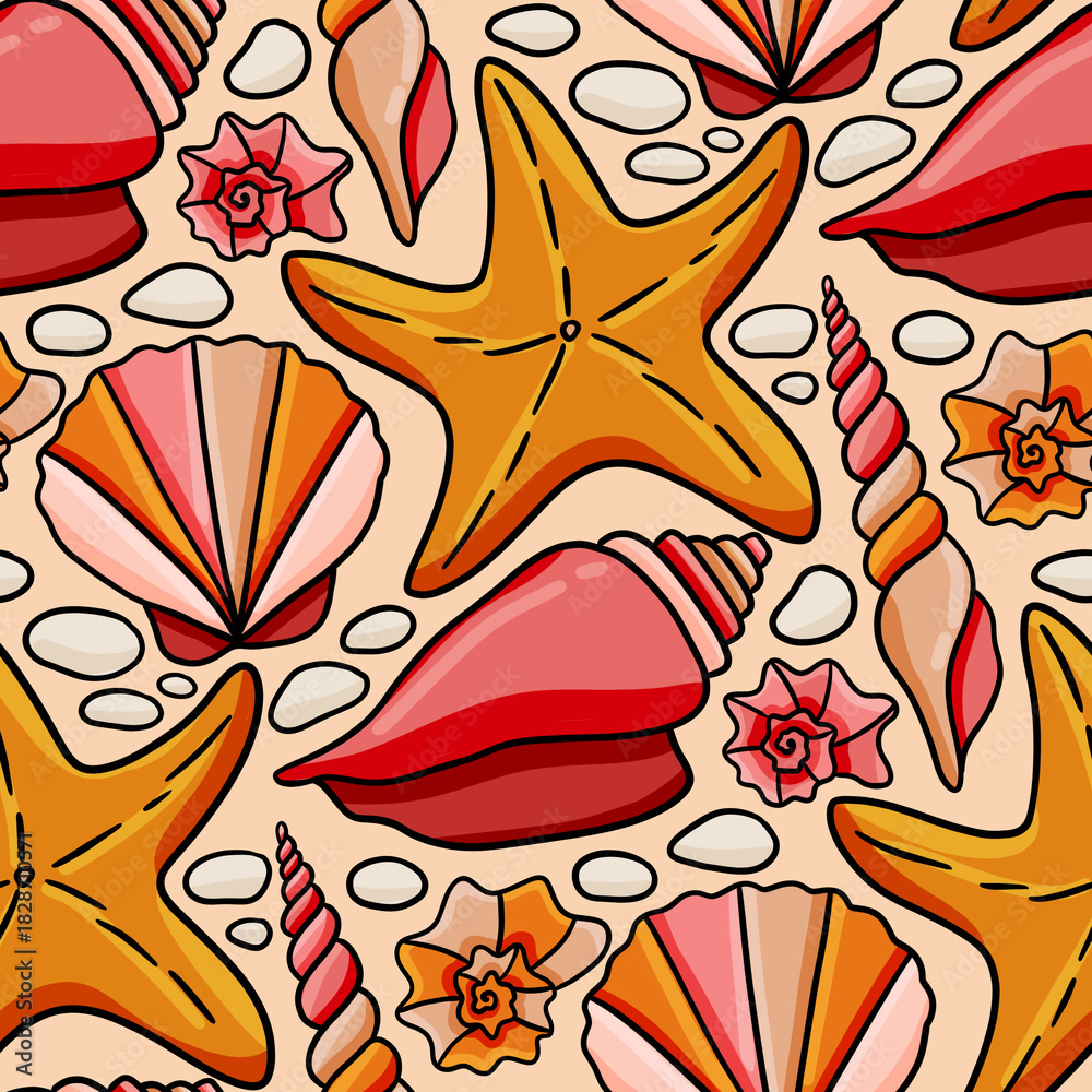 Obraz premium Seamless ocean starfish and seashell summer coastal sea life marine beach repeating background for textiles wallpaper crafts scrapbooking and wrapping