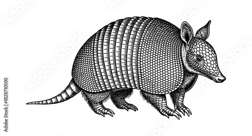 Detailed armadillo engraving in black and white on white background