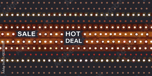 Bright sale hot deal message illuminated by rows of vintage marquee lights on a dark background