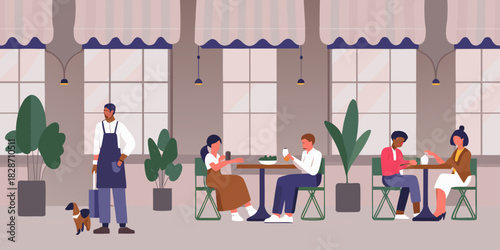 People enjoying food and drinks at an outdoor cafe with a dog