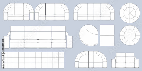 Collection of modern sectional sofa and seating arrangements in blueprint style for interior design planning