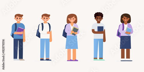 Diverse group of students standing together with books and backpacks