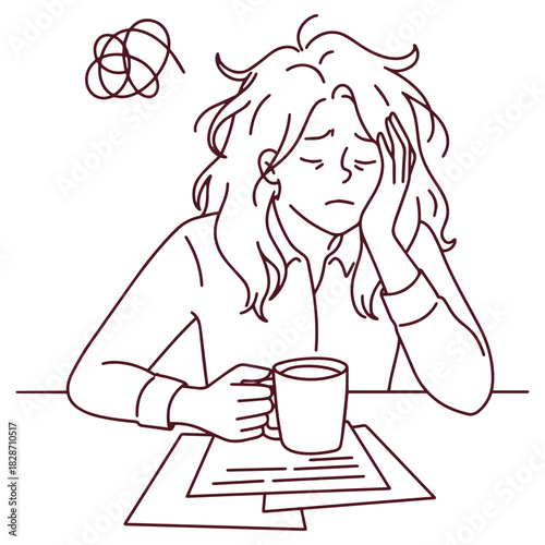 Black and white line art of a tired girl with messy hair and paperwork. Outline illustration suitable for coloring pages depicting burnout and fatigue at the office.