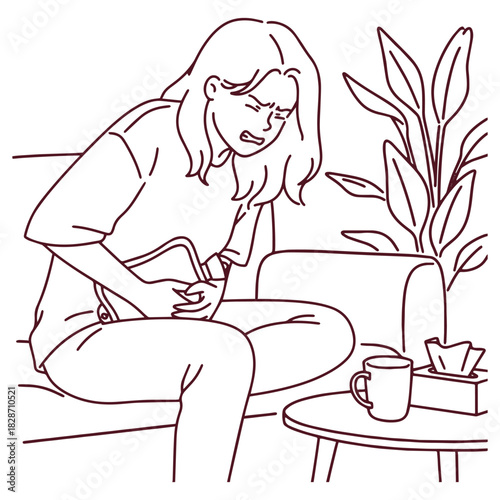 Black and white line art of a girl hugging a hot water bottle on the couch. Outline illustration suitable for coloring pages showing a woman with endometriosis.