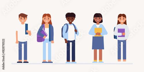 Diverse group of students standing together with books and backpacks