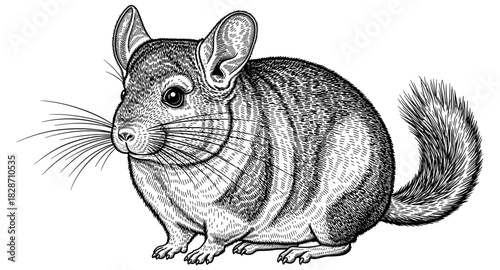 Detailed black and white engraving of a chinchilla with intricate fur patterns