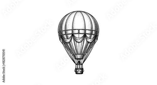 Vintage hot air balloon in detailed etching style on white background