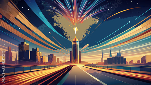 Stunning city skyline at night with vibrant light streaks, creating a dynamic urban landscape perfect for modern designs and futuristic projects