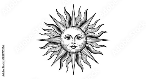 Detailed vintage sun art with face and radiating flames