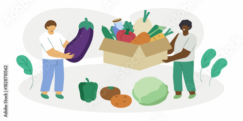 Two people with a box full of fresh vegetables and fruits
