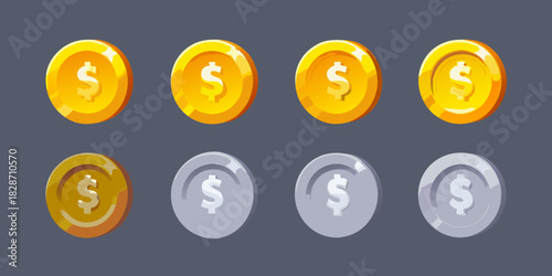 Gold and silver coins with dollar signs for game development