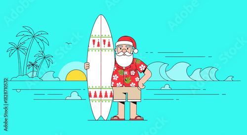 Santa Claus enjoying a tropical vacation with surfboard against a vibrant ocean view