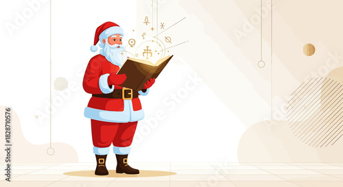 Santa Claus engrossed in a mysterious book filled with magical symbols illustration