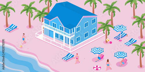 Isometric beach house scene with palm trees and people relaxing