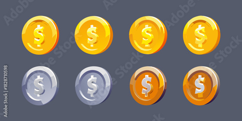 Cartoon style coins with dollar sign in gold silver and bronze