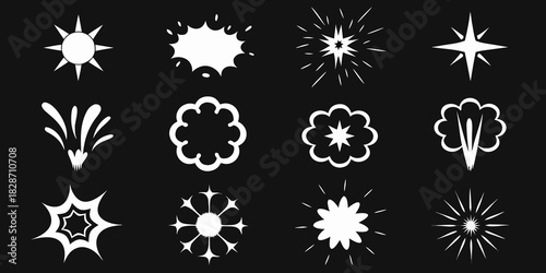 Collection of twelve white cartoon explosion and burst graphic elements on a black background