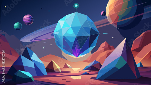 Explore a Vibrant Alien Landscape with Geometric Mountains and Mystical Planets, Evoking a Sense of Wonder and the Thrill of Cosmic Discovery