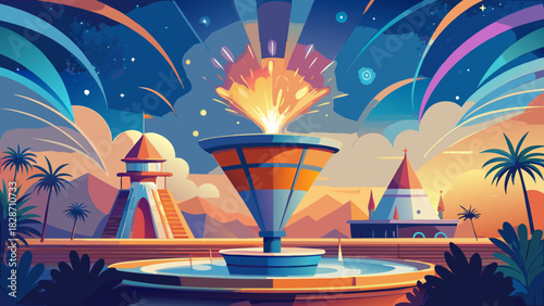 Stunning vector art of a vibrant tropical resort with palm trees, a unique fountain, and brilliant fireworks creates an exotic, festive, and celebratory mood