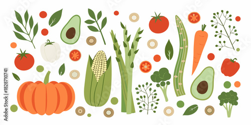 Fresh vegetables and fruits flat lay illustration on white background