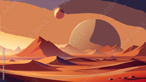 Stunning vista of otherworldly desert landscape with majestic planet and mountain peaks, ideal for sci-fi book covers or futuristic tech backgrounds
