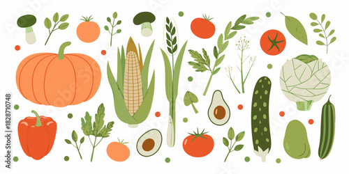 Fresh vegetables and fruits flat vector illustration on white background