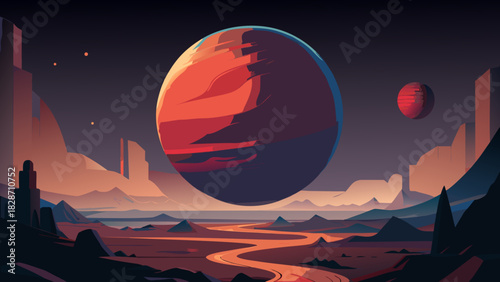 Explore distant worlds in this modern stylized planet landscape, perfect for sci-fi designs and futuristic visions. A cosmic adventure awaits with vector beauty