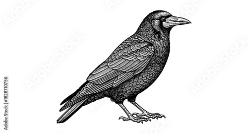 Detailed black and white raven drawing with intricate feather texture